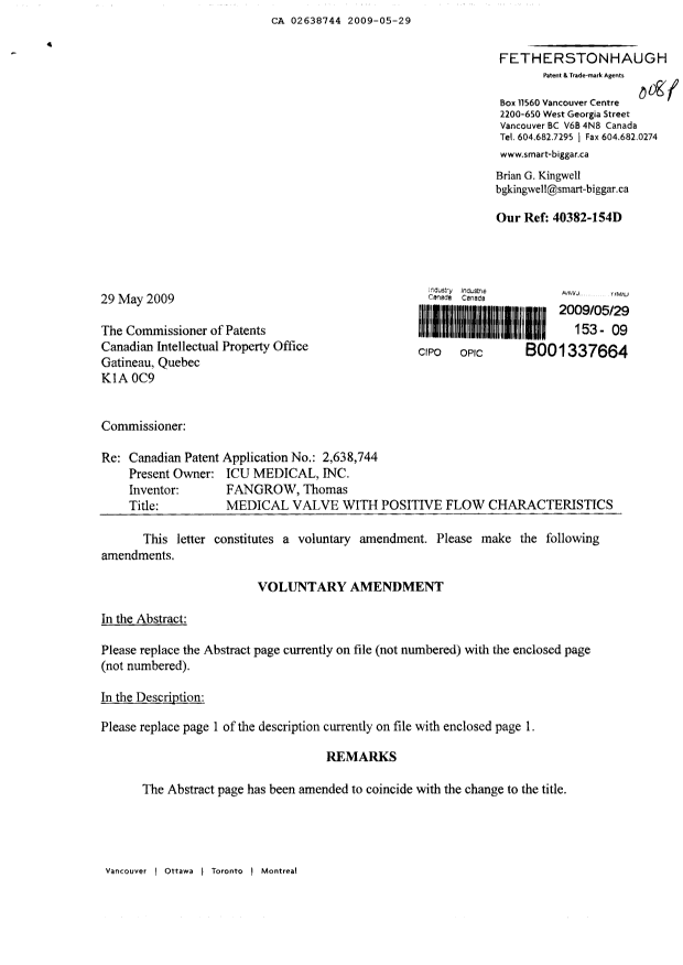Document de brevet canadien 2638744. Poursuite-Amendment 20090529. Image 1 de 4