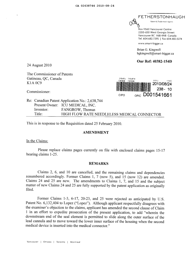 Document de brevet canadien 2638744. Poursuite-Amendment 20100824. Image 1 de 6