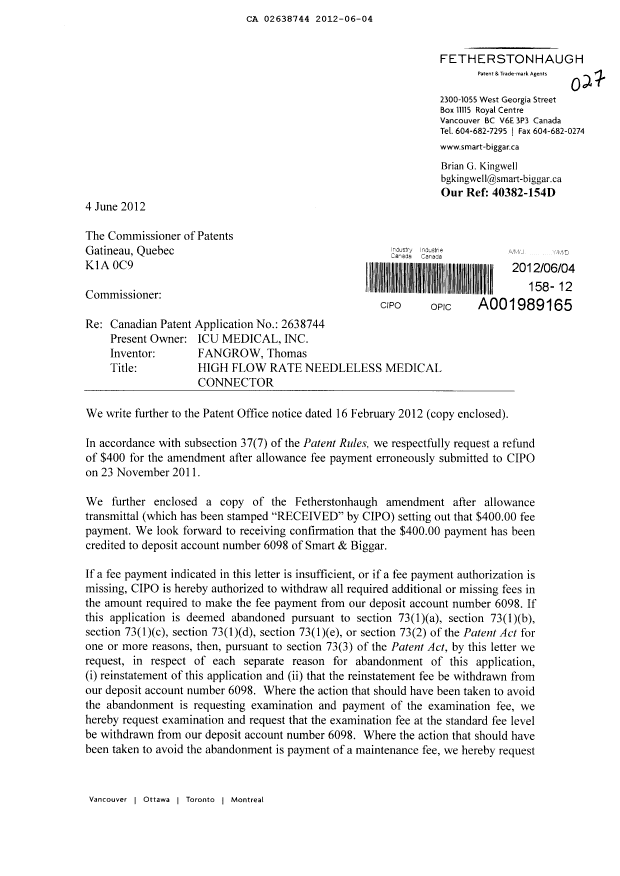 Document de brevet canadien 2638744. Poursuite-Amendment 20120604. Image 1 de 4