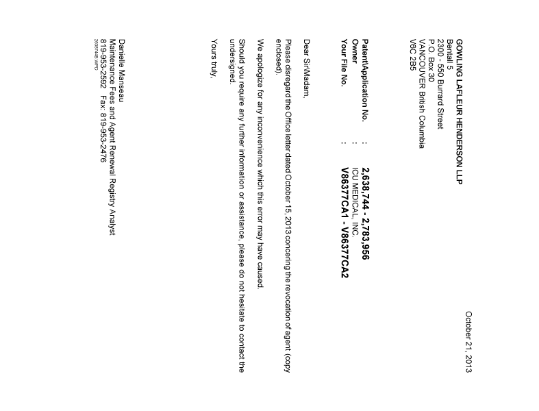 Document de brevet canadien 2638744. Correspondance 20131021. Image 1 de 1