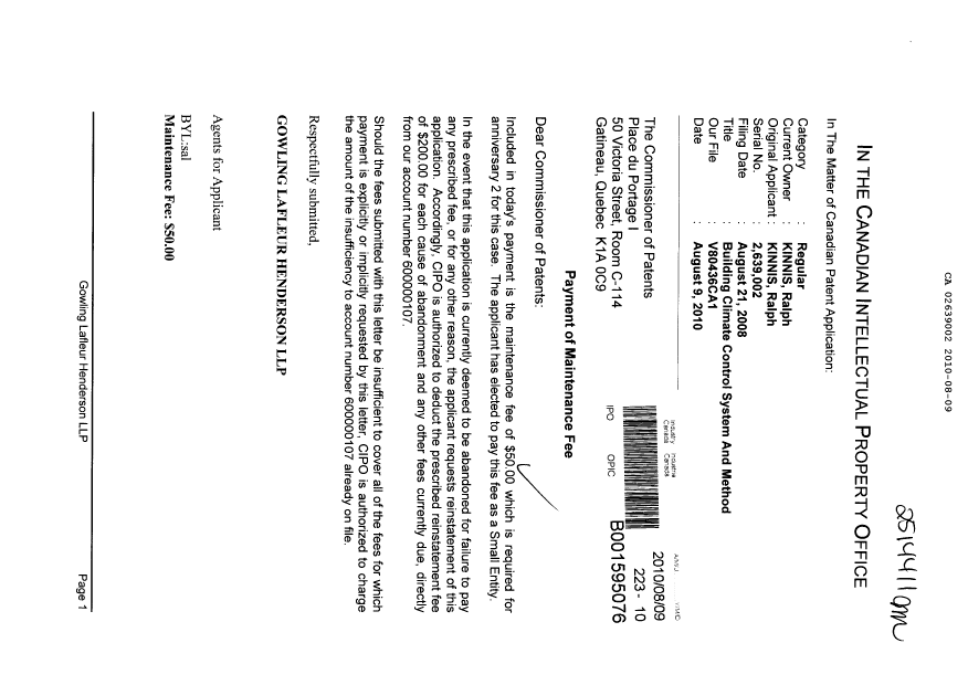 Document de brevet canadien 2639002. Taxes 20100809. Image 1 de 1
