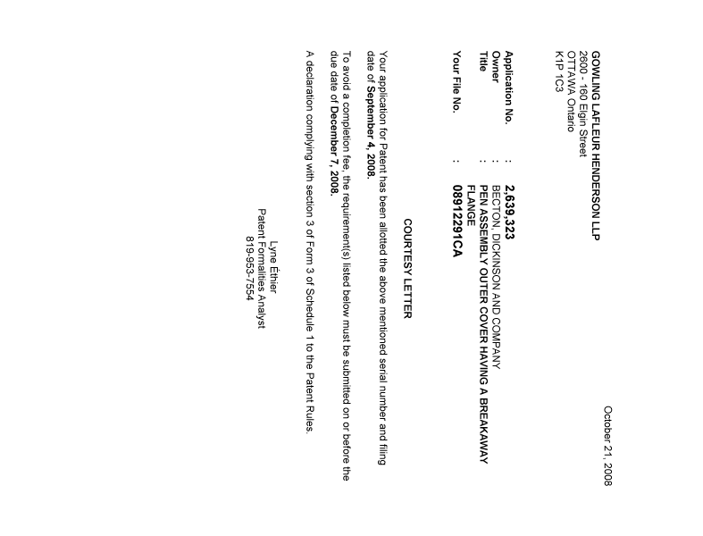 Document de brevet canadien 2639323. Correspondance 20081015. Image 1 de 1