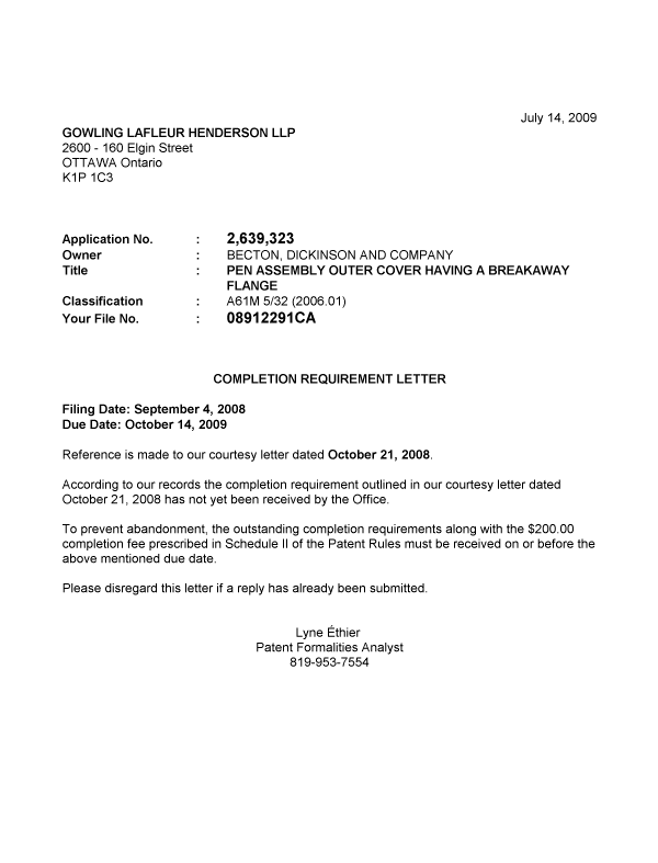 Document de brevet canadien 2639323. Correspondance 20090707. Image 1 de 1