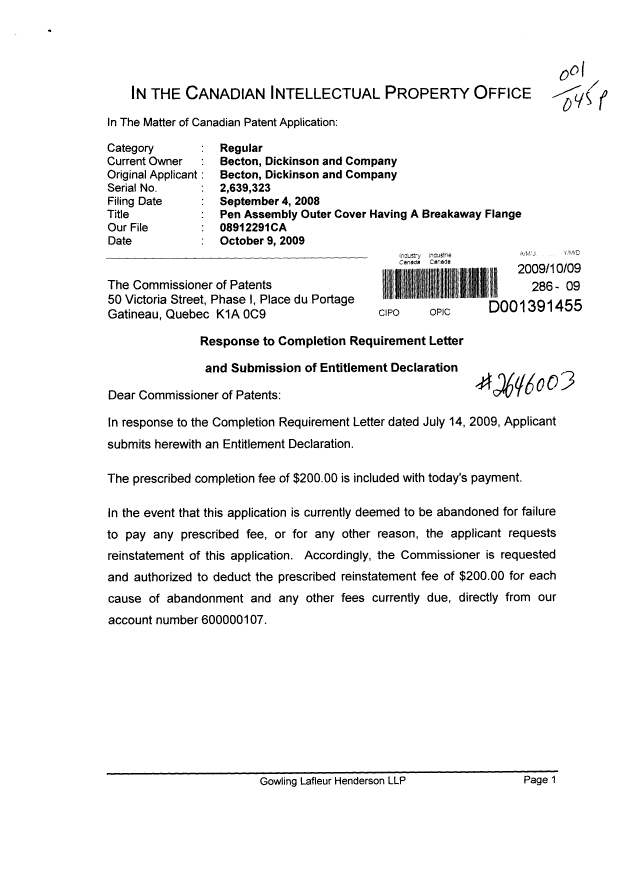 Document de brevet canadien 2639323. Correspondance 20091009. Image 1 de 3