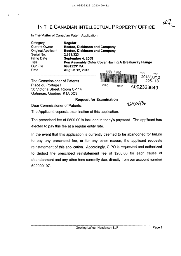 Document de brevet canadien 2639323. Poursuite-Amendment 20130812. Image 1 de 2