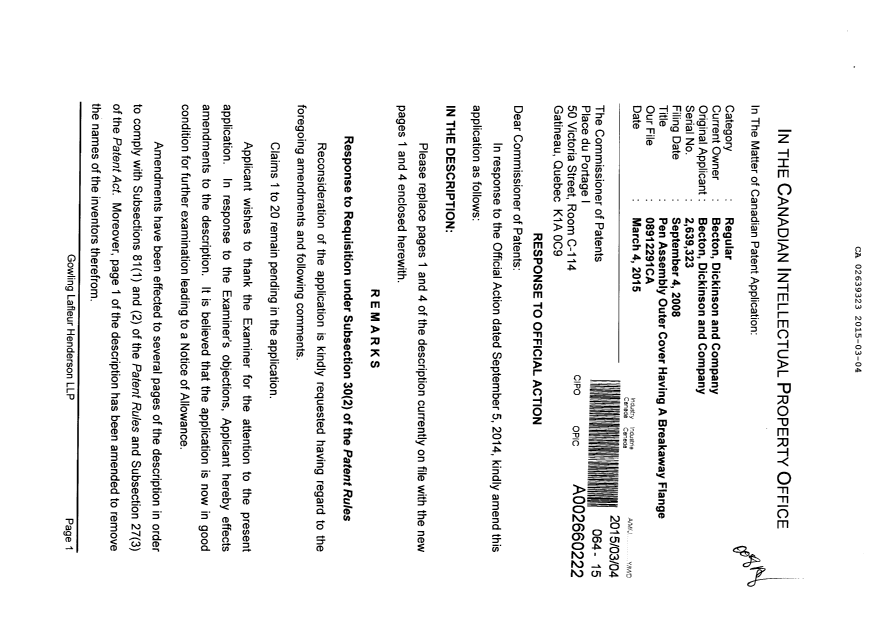 Document de brevet canadien 2639323. Poursuite-Amendment 20150304. Image 1 de 4