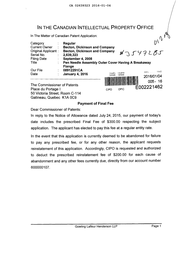 Document de brevet canadien 2639323. Taxe finale 20160104. Image 1 de 2