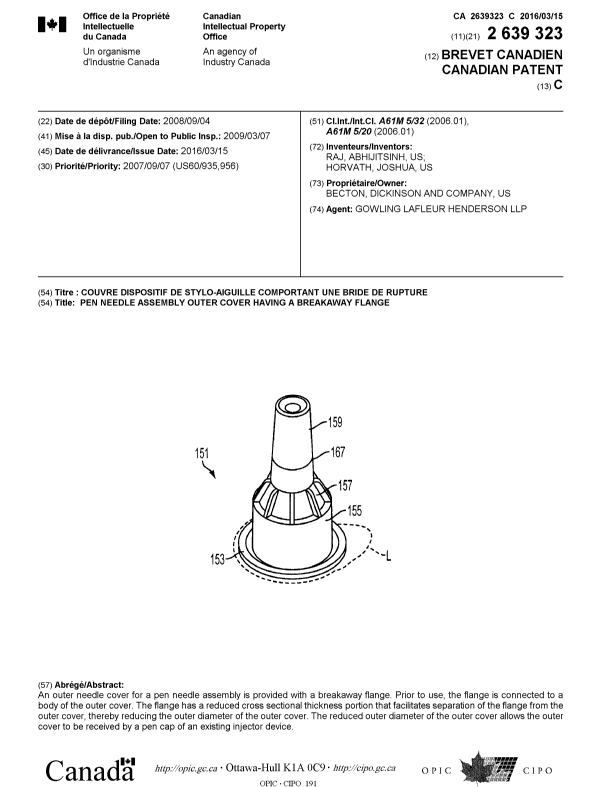 Canadian Patent Document 2639323. Cover Page 20160204. Image 1 of 1