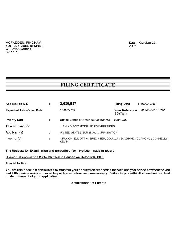 Document de brevet canadien 2639637. Correspondance 20081023. Image 1 de 1