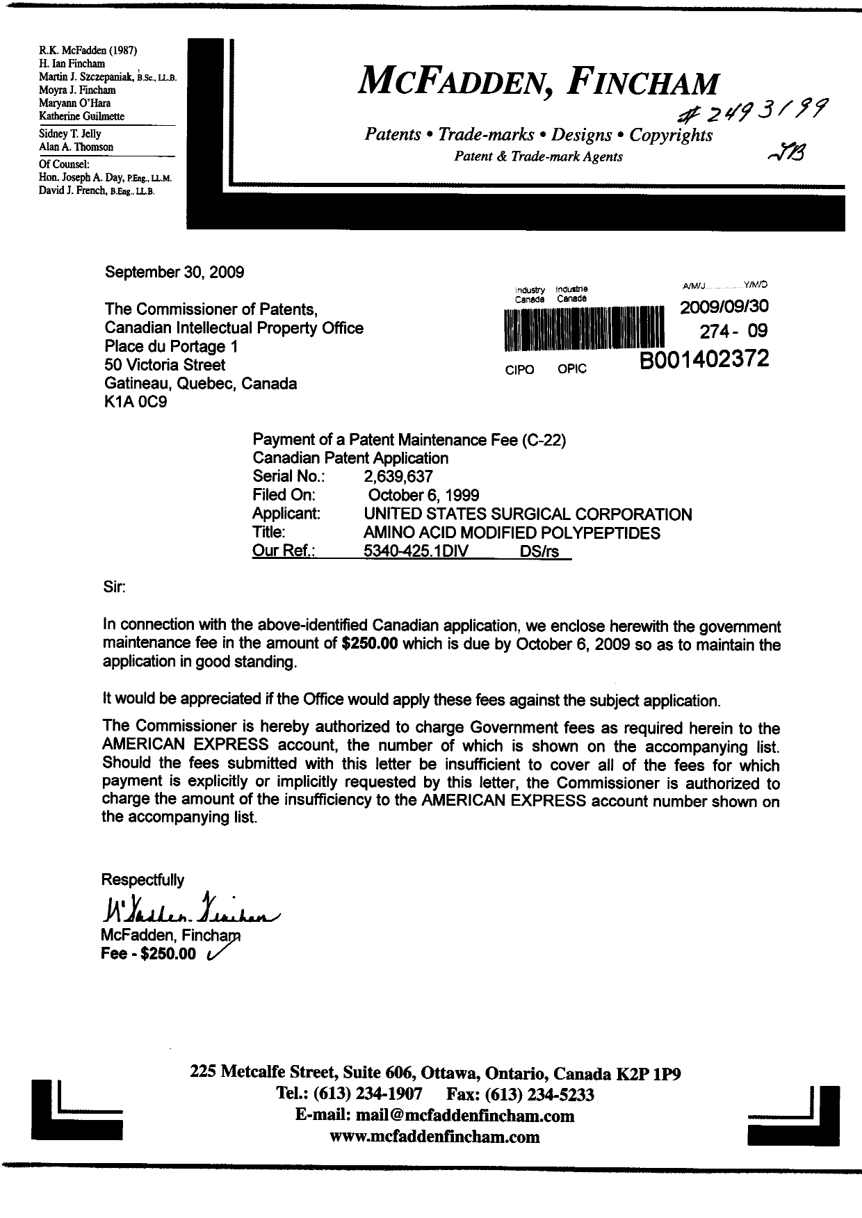 Document de brevet canadien 2639637. Taxes 20090930. Image 1 de 1