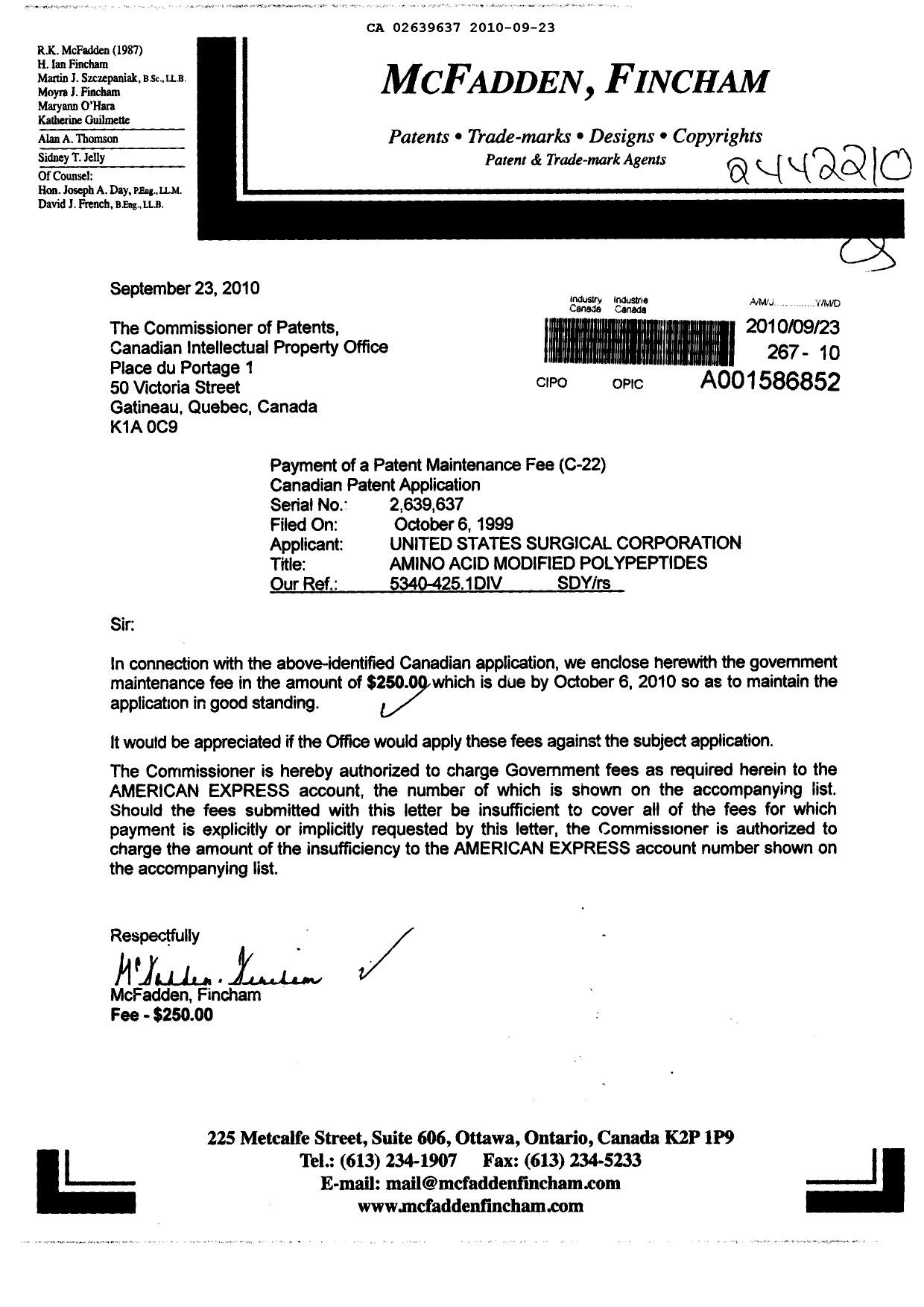 Document de brevet canadien 2639637. Taxes 20100923. Image 1 de 1