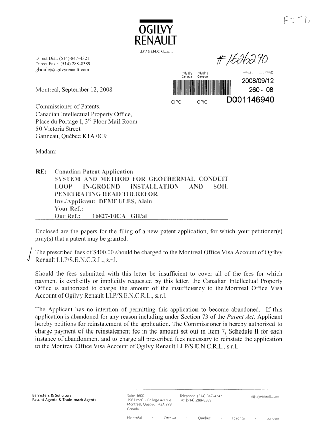 Document de brevet canadien 2639648. Cession 20080912. Image 1 de 5