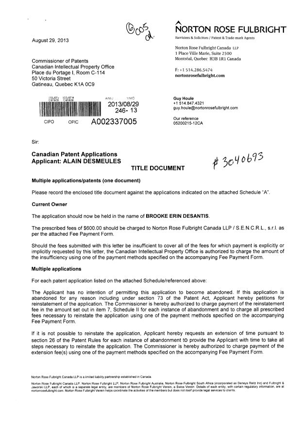 Document de brevet canadien 2639648. Cession 20130829. Image 1 de 5