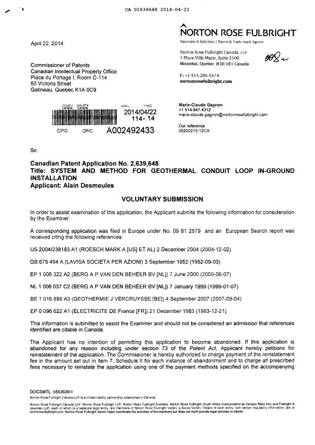 Document de brevet canadien 2639648. Poursuite-Amendment 20140422. Image 1 de 2