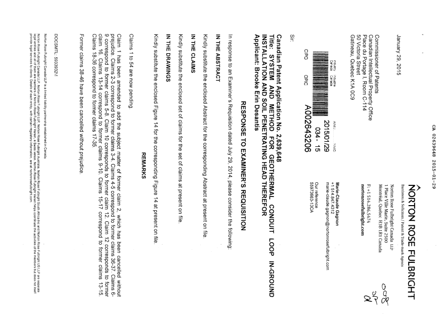 Canadian Patent Document 2639648. Prosecution-Amendment 20150129. Image 1 of 19