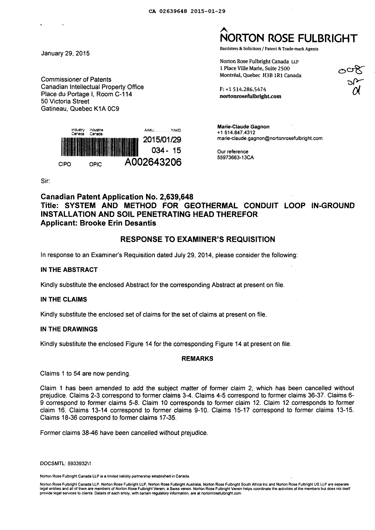 Canadian Patent Document 2639648. Prosecution-Amendment 20150129. Image 1 of 19