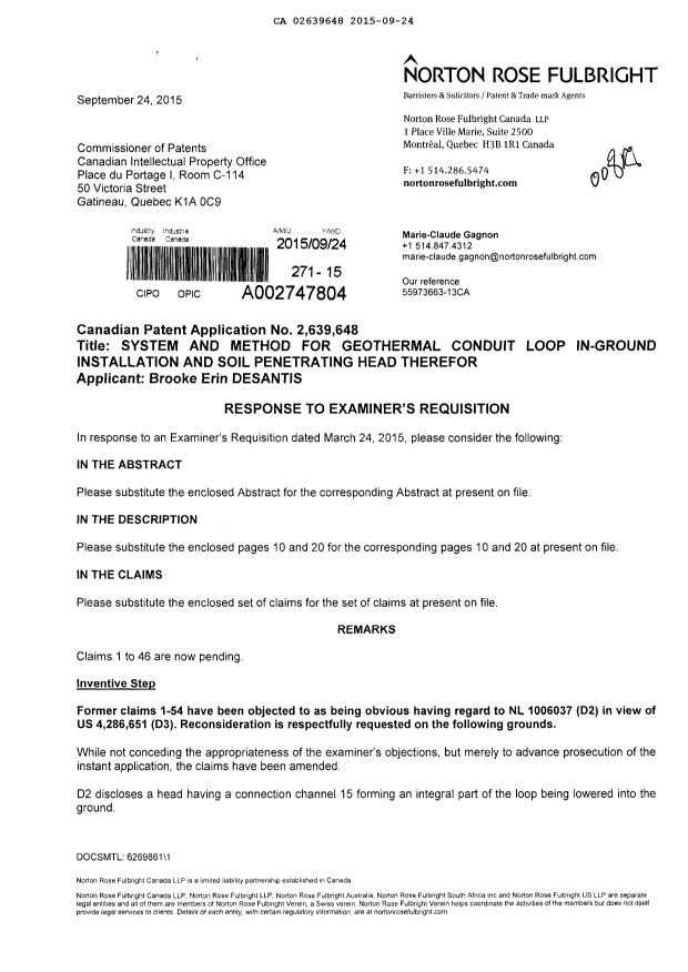 Document de brevet canadien 2639648. Modification 20150924. Image 1 de 17