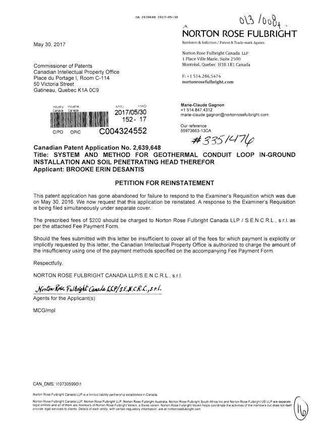 Document de brevet canadien 2639648. Modification 20170530. Image 1 de 16