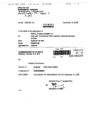 Canadian Patent Document 2639814. Assignment 20081219. Image 3 of 3