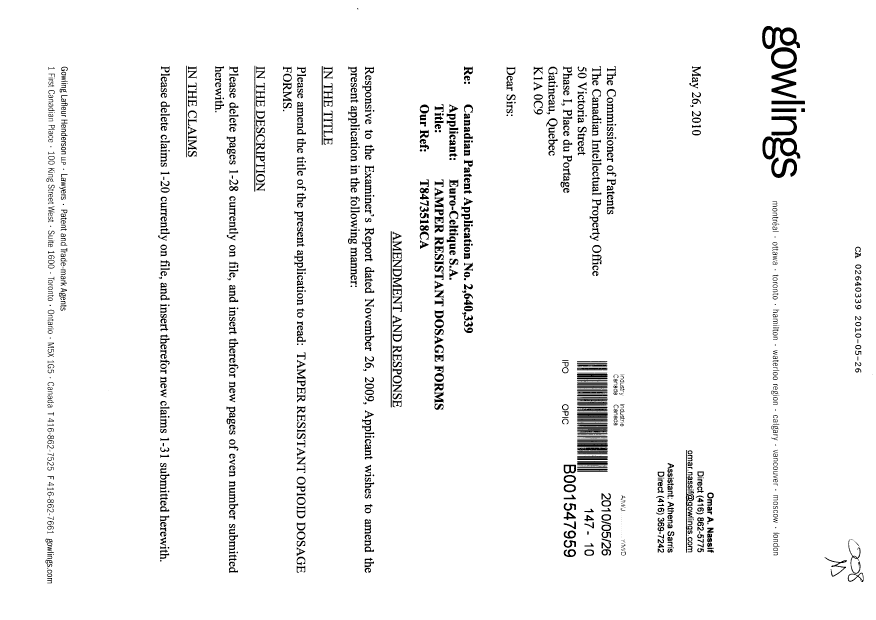 Document de brevet canadien 2640339. Poursuite-Amendment 20100526. Image 1 de 68