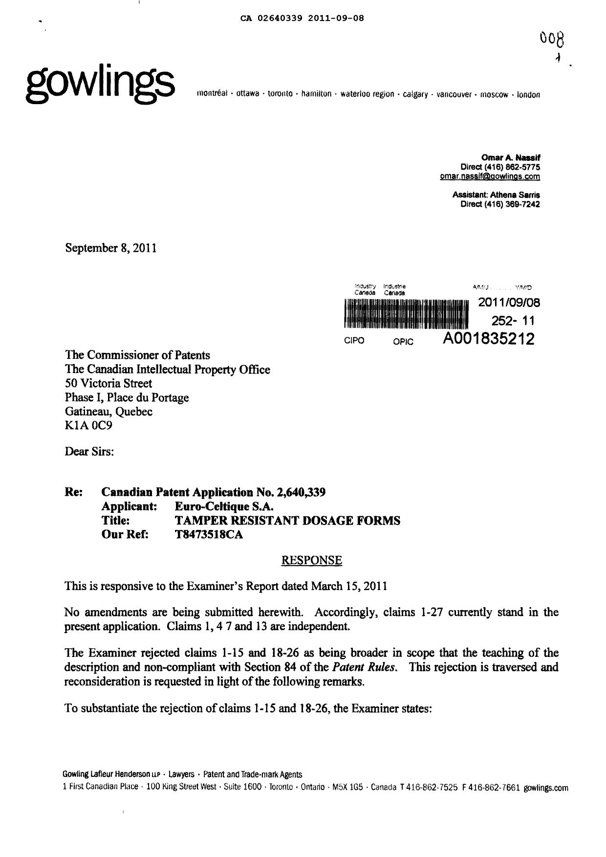 Document de brevet canadien 2640339. Poursuite-Amendment 20110908. Image 1 de 4