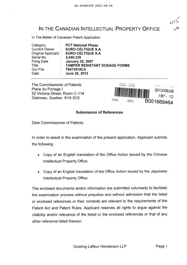 Document de brevet canadien 2640339. Poursuite-Amendment 20120626. Image 1 de 2