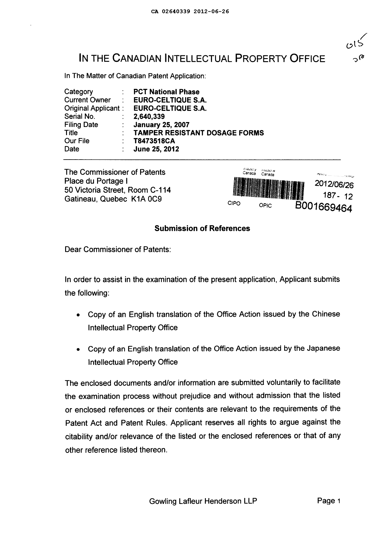 Document de brevet canadien 2640339. Poursuite-Amendment 20120626. Image 1 de 2