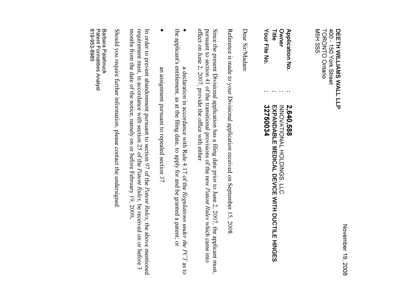 Document de brevet canadien 2640588. Correspondance 20081119. Image 1 de 1