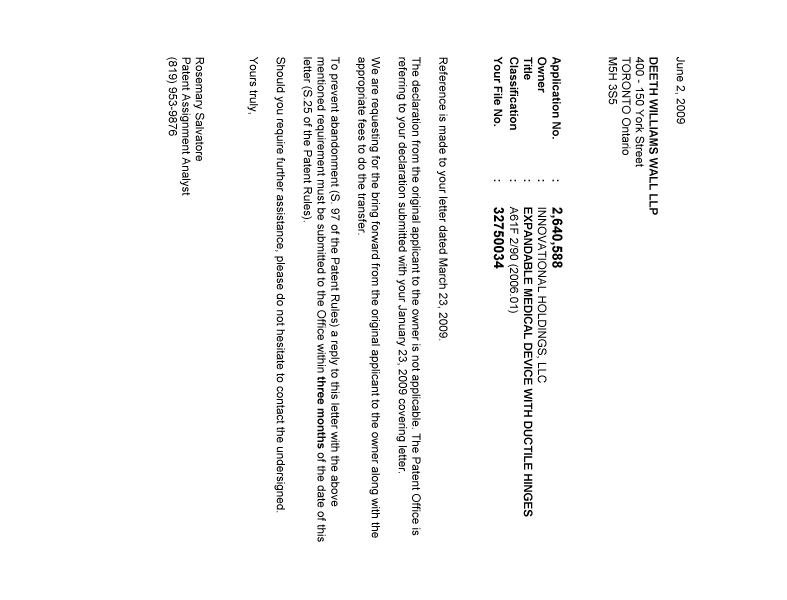 Document de brevet canadien 2640588. Correspondance 20090602. Image 1 de 1