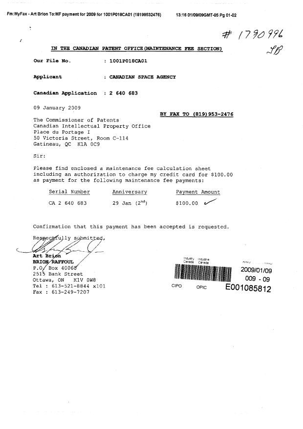 Canadian Patent Document 2640683. Fees 20090109. Image 1 of 2