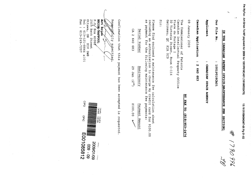 Document de brevet canadien 2640683. Taxes 20090109. Image 1 de 2