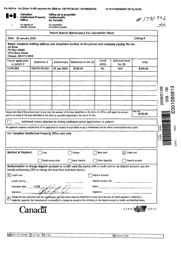 Document de brevet canadien 2640683. Taxes 20090109. Image 2 de 2