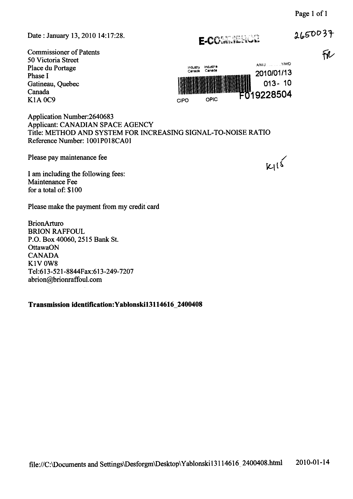 Document de brevet canadien 2640683. Taxes 20100113. Image 1 de 1