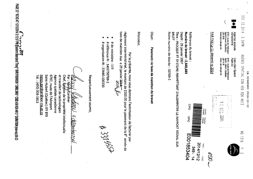 Document de brevet canadien 2640683. Taxes 20141212. Image 1 de 1