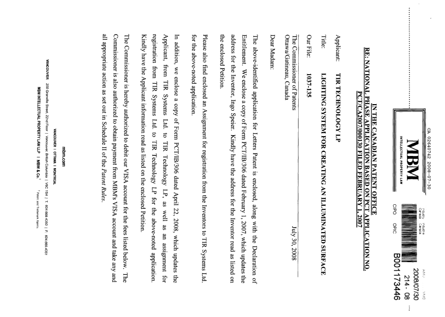 Document de brevet canadien 2640742. Cession 20080730. Image 1 de 16