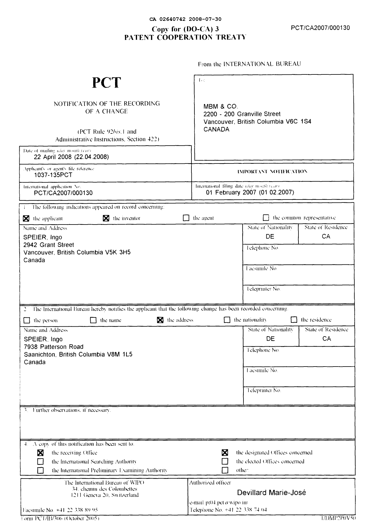 Document de brevet canadien 2640742. PCT 20080730. Image 1 de 6