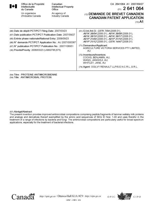 Document de brevet canadien 2641064. Page couverture 20081202. Image 1 de 1