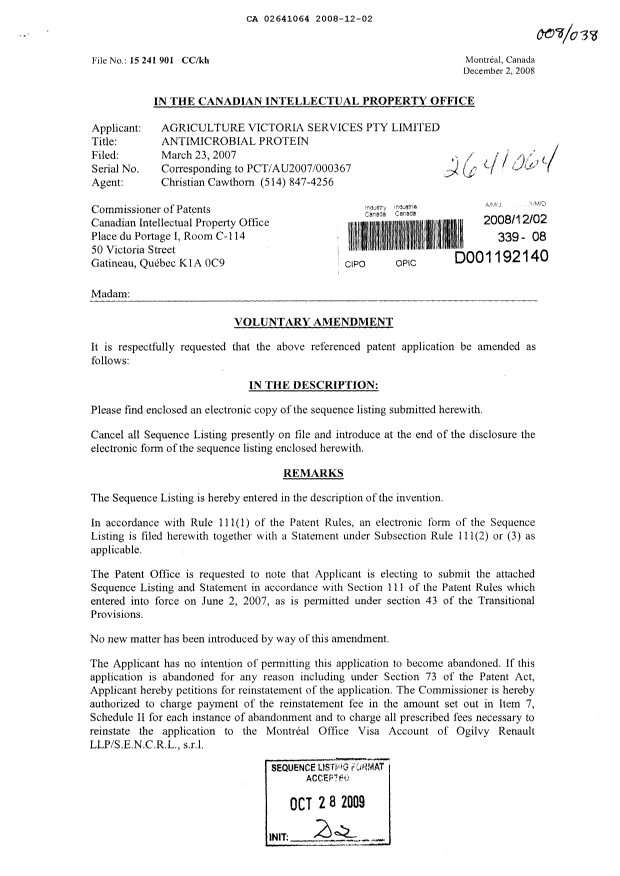 Canadian Patent Document 2641064. Prosecution-Amendment 20081202. Image 1 of 3