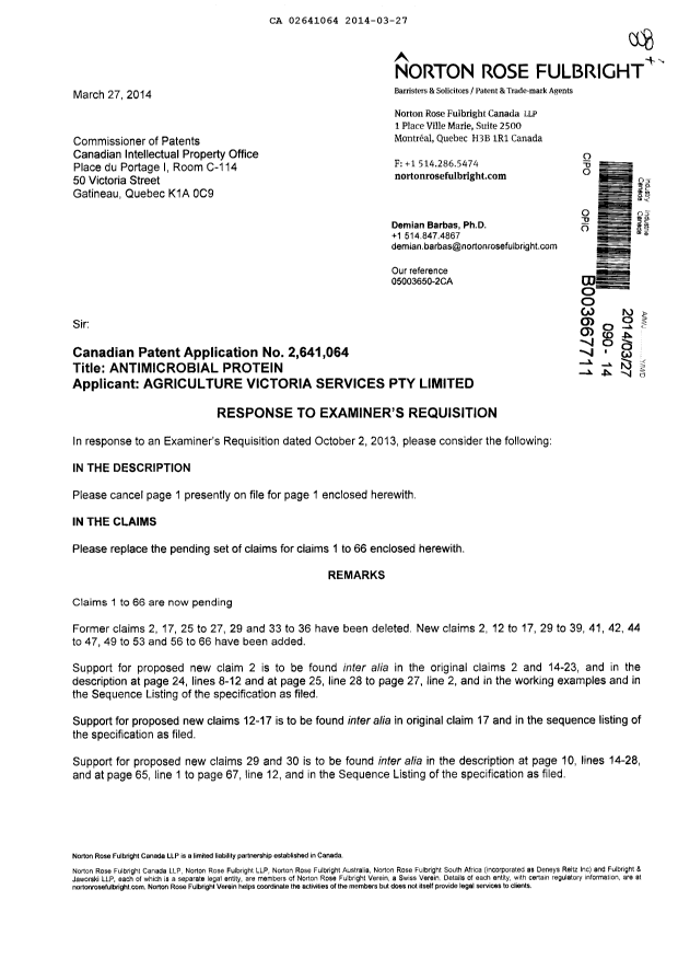 Document de brevet canadien 2641064. Poursuite-Amendment 20140327. Image 1 de 17