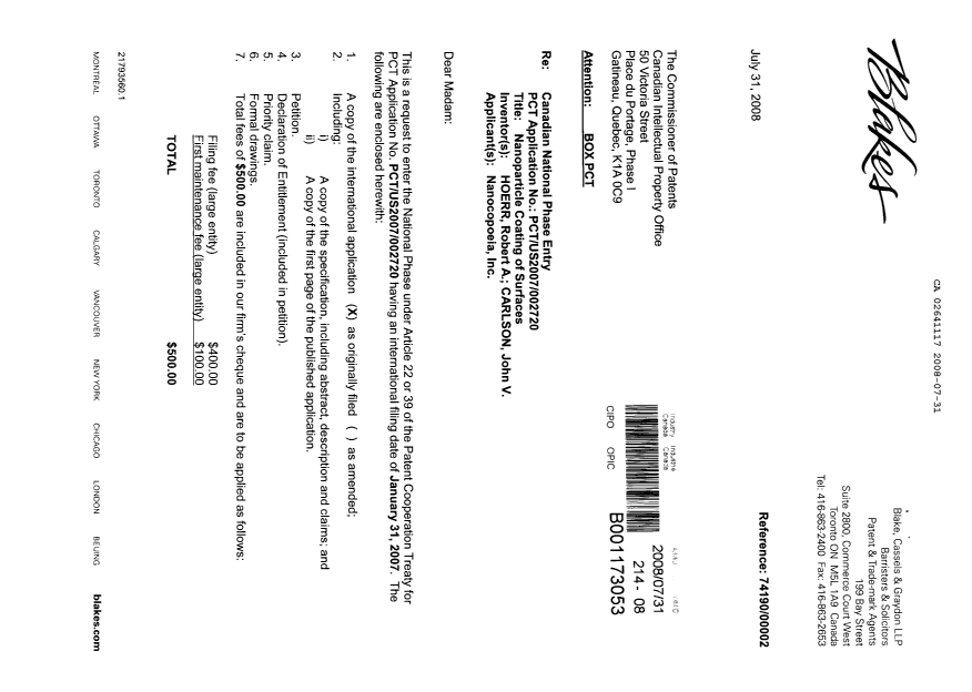 Canadian Patent Document 2641117. Assignment 20080731. Image 1 of 3