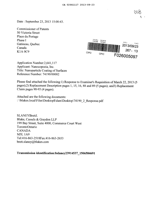 Document de brevet canadien 2641117. Poursuite-Amendment 20130923. Image 1 de 15