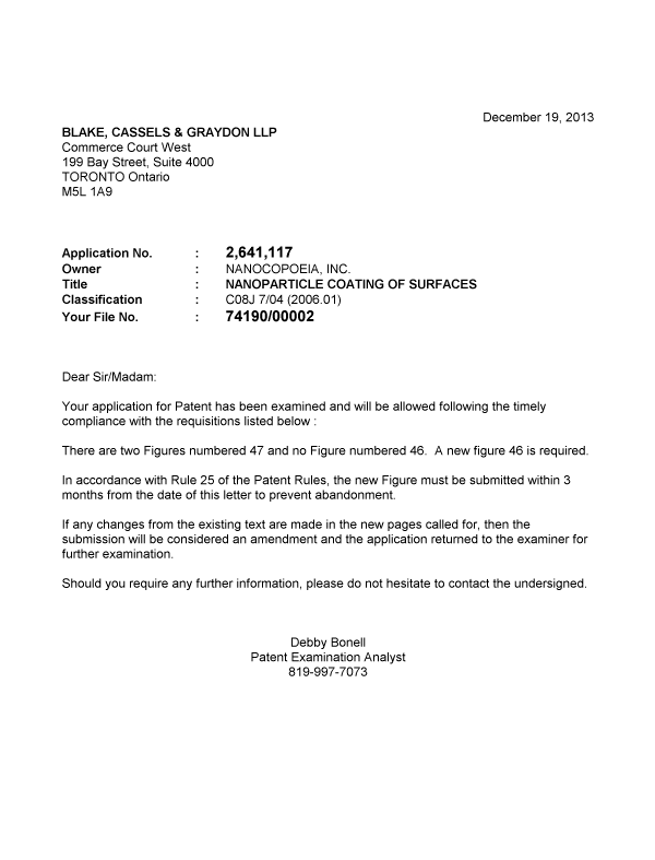 Document de brevet canadien 2641117. Correspondance 20131219. Image 1 de 1