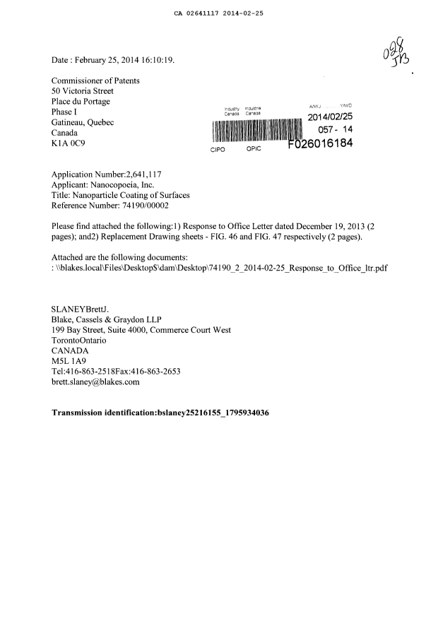 Document de brevet canadien 2641117. Correspondance 20140225. Image 1 de 5