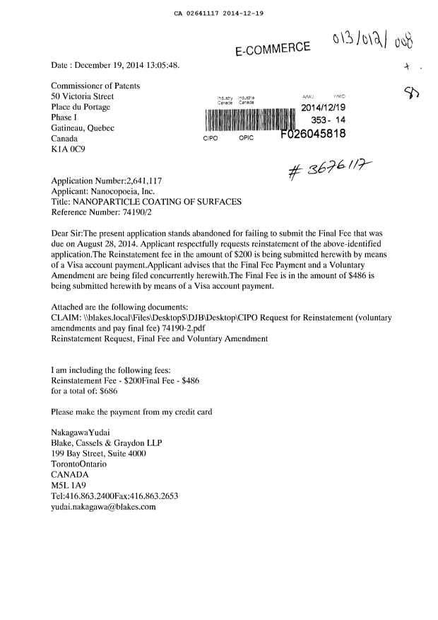 Document de brevet canadien 2641117. Correspondance 20141219. Image 1 de 6