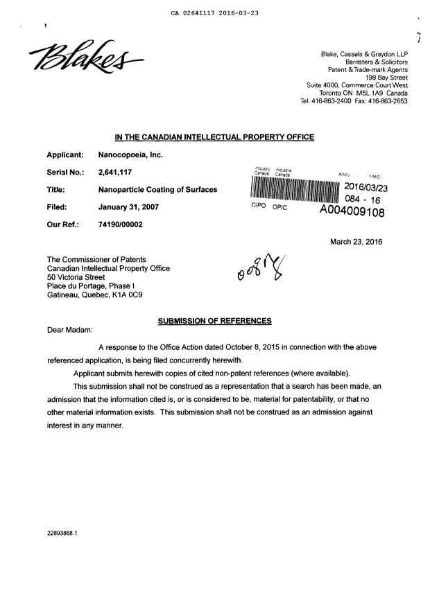 Document de brevet canadien 2641117. Modification 20160323. Image 1 de 2
