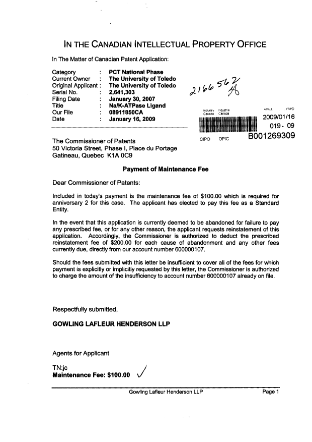 Document de brevet canadien 2641303. Taxes 20090116. Image 1 de 1