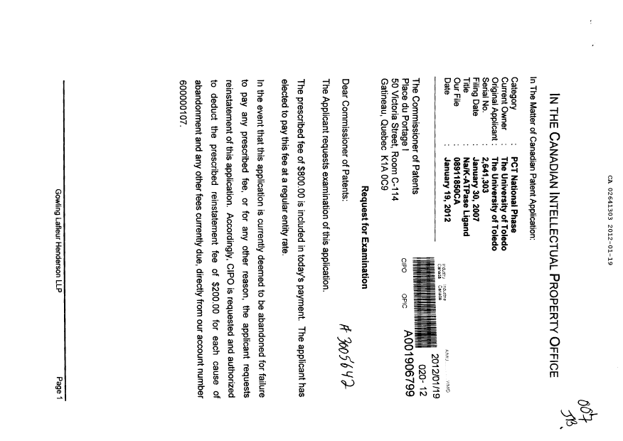 Canadian Patent Document 2641303. Prosecution-Amendment 20120119. Image 1 of 2