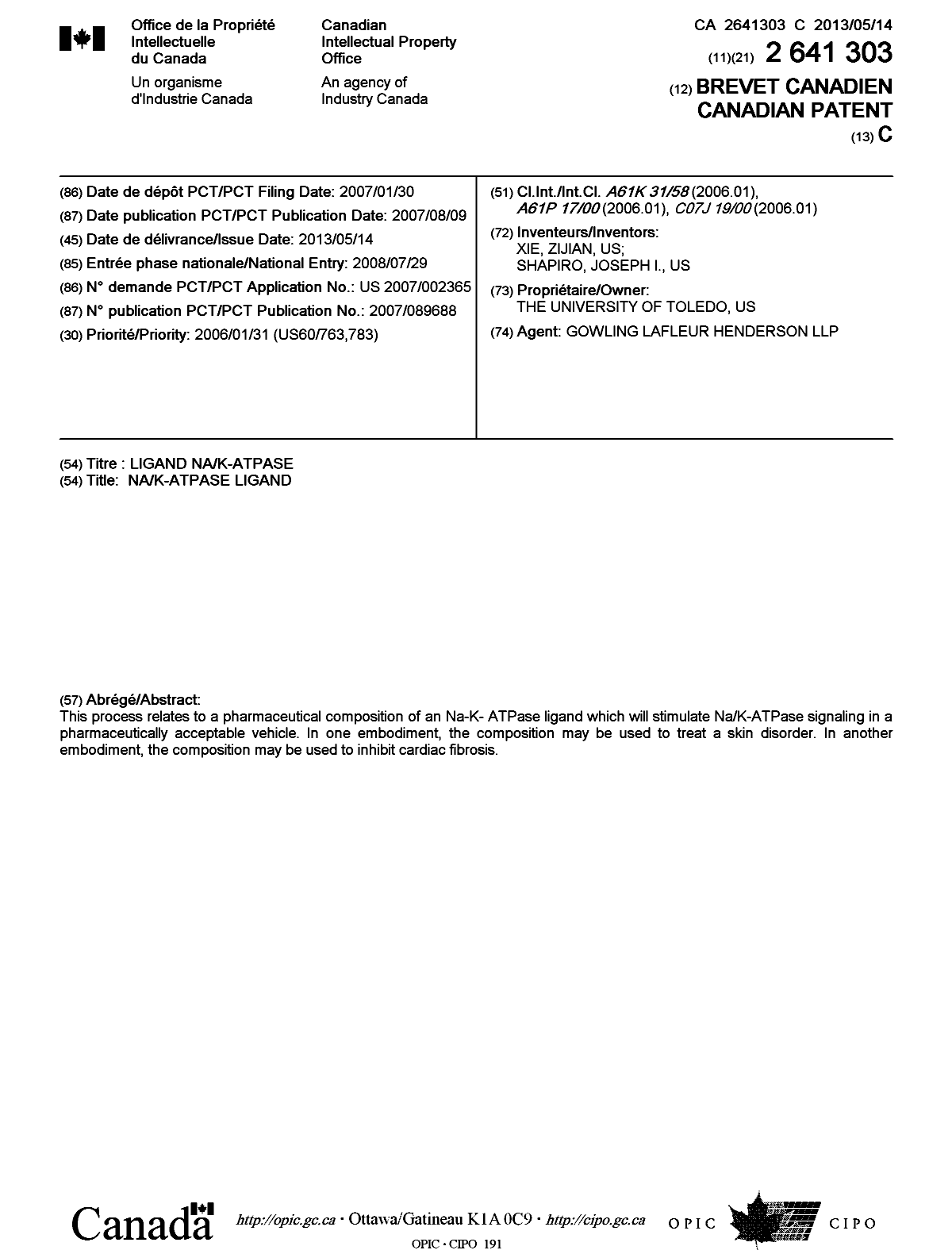 Canadian Patent Document 2641303. Cover Page 20130425. Image 1 of 1