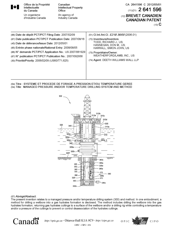 Document de brevet canadien 2641596. Page couverture 20120411. Image 1 de 1