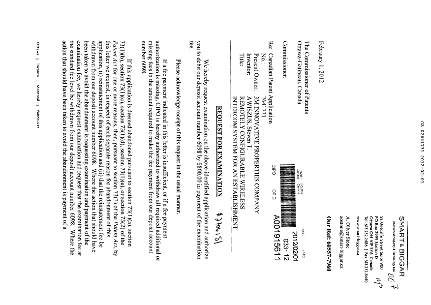 Document de brevet canadien 2641731. Poursuite-Amendment 20120201. Image 1 de 2